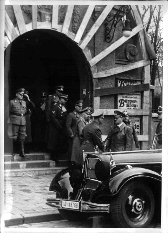 Adolf Hitler visits the damaged Bürgerbräukeller after the assassination attempt against him by Georg Elser